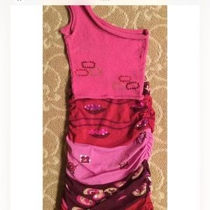 GIRL’S ONE SHOULDER PINK KNIT TOP & 
RUCHED SEQUIN MATCHING SKIRT,